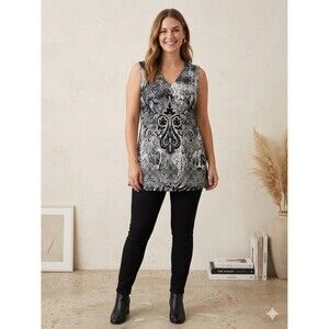 Design Works V-Neck Tank Top L Snake Print Paisley Medallion Rhinestone Accents